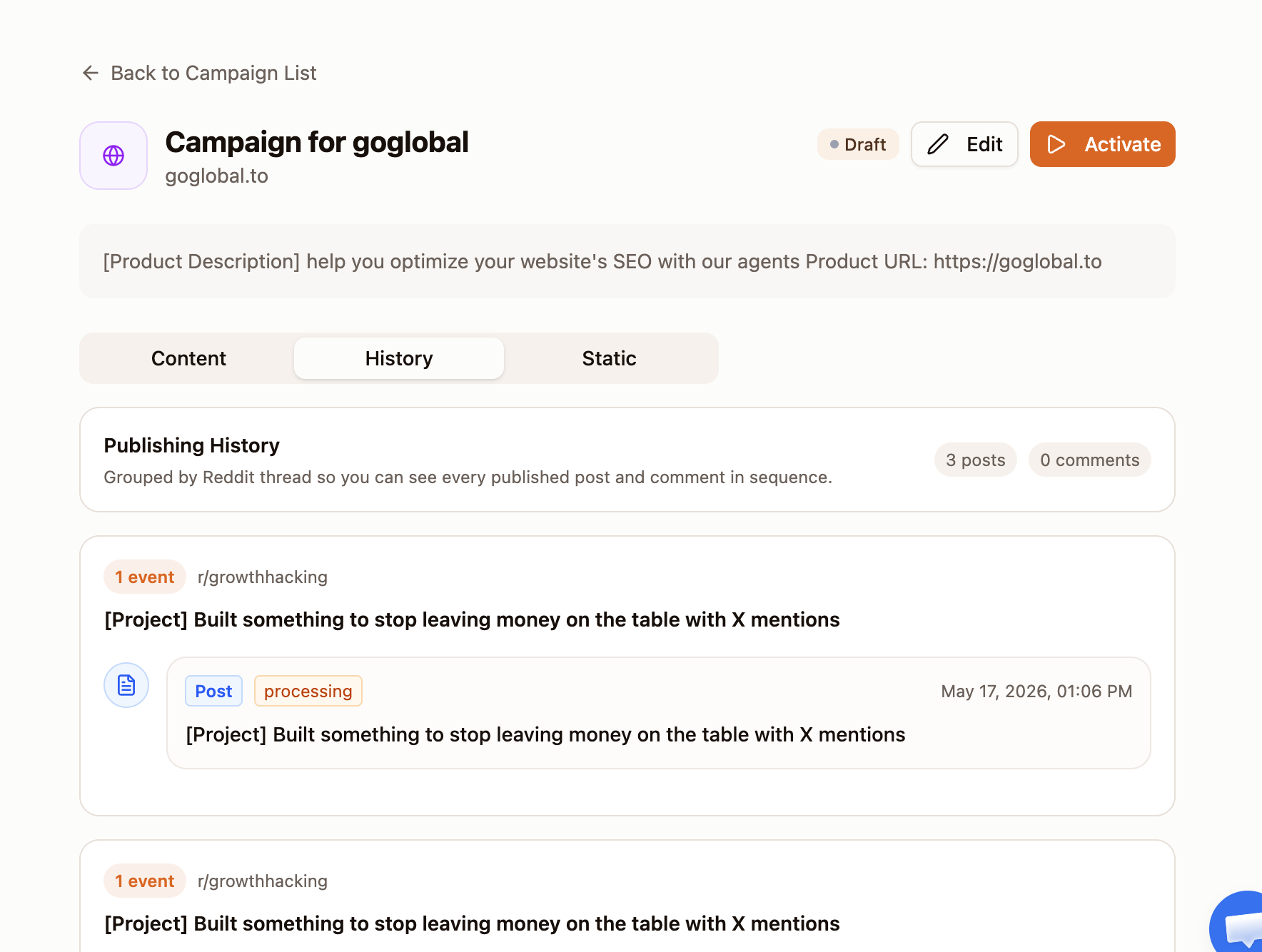 GoGlobal campaign history view showing publishing history and measurement across Reddit threads